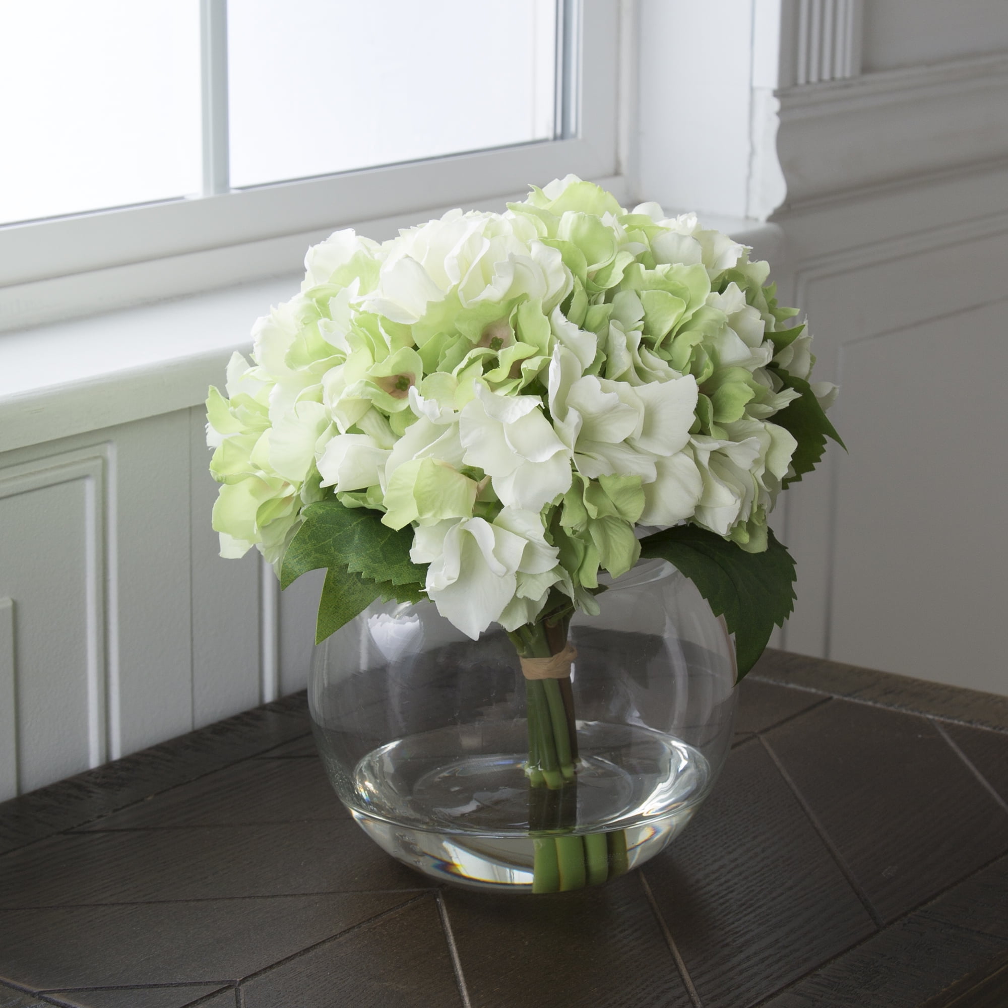 Pure Garden Green Hydrangea Faux Floral Arrangement in Clear Glass Vase