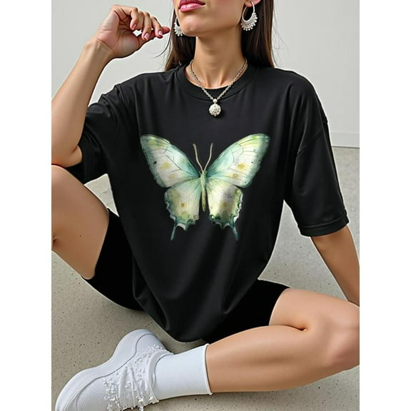 Women's Black Graphic Tee with Watercolor Butterfly Print, S-5XL Plus Size T-Shirt, Casual Boho Style Top for Nature Enthusiasts