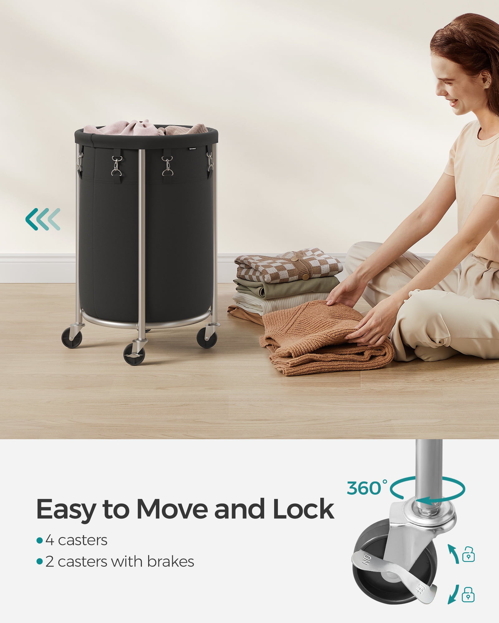 18.5Gal Laundry Hamper with Wheels Round Rolling Laundry Sorter Laundry Cart with Removable Bag for Laundry Room Black and Silver