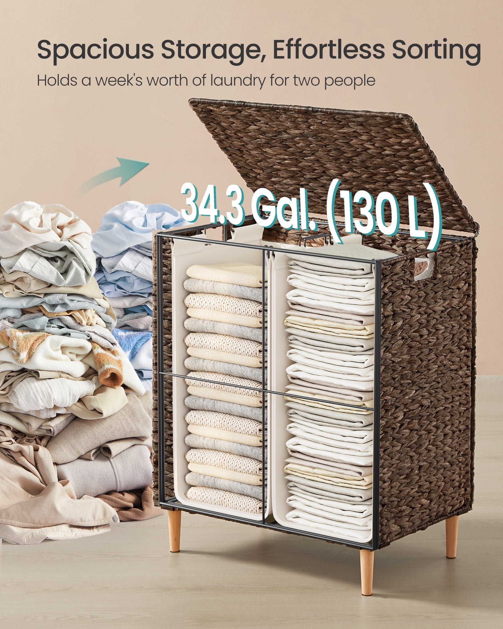 34.3 Gal. Laundry Hamper, 2-Section Handwoven Water Hyacinth Wicker Laundry Basket with Lid, Removable Liners, Espresso
