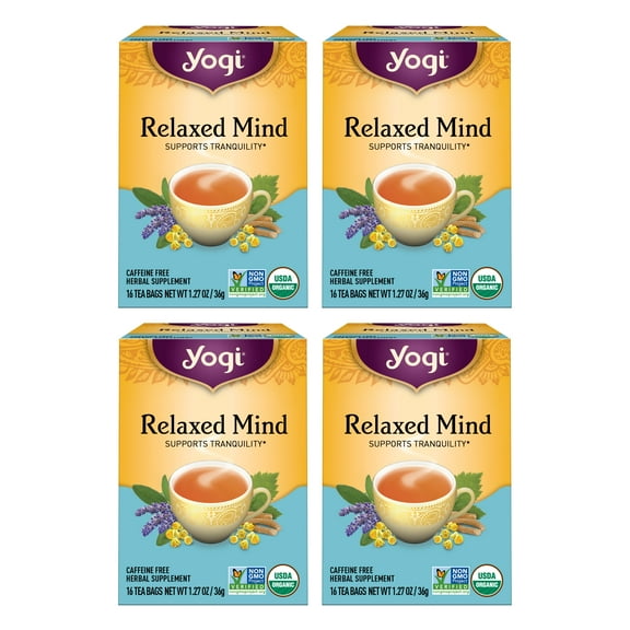 Yogi Tea Relaxed Mind, Caffeine-Free Organic Herbal Tea, Wellness Tea Bags, 4 Boxes of 16