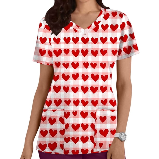 TaTaai Women's Valentine's Day V Neck Casual Top, Abstract Heart Print Short Sleeve Blouse with Pockets, Lightweight Holiday Gift Shirt for February Romance Gift