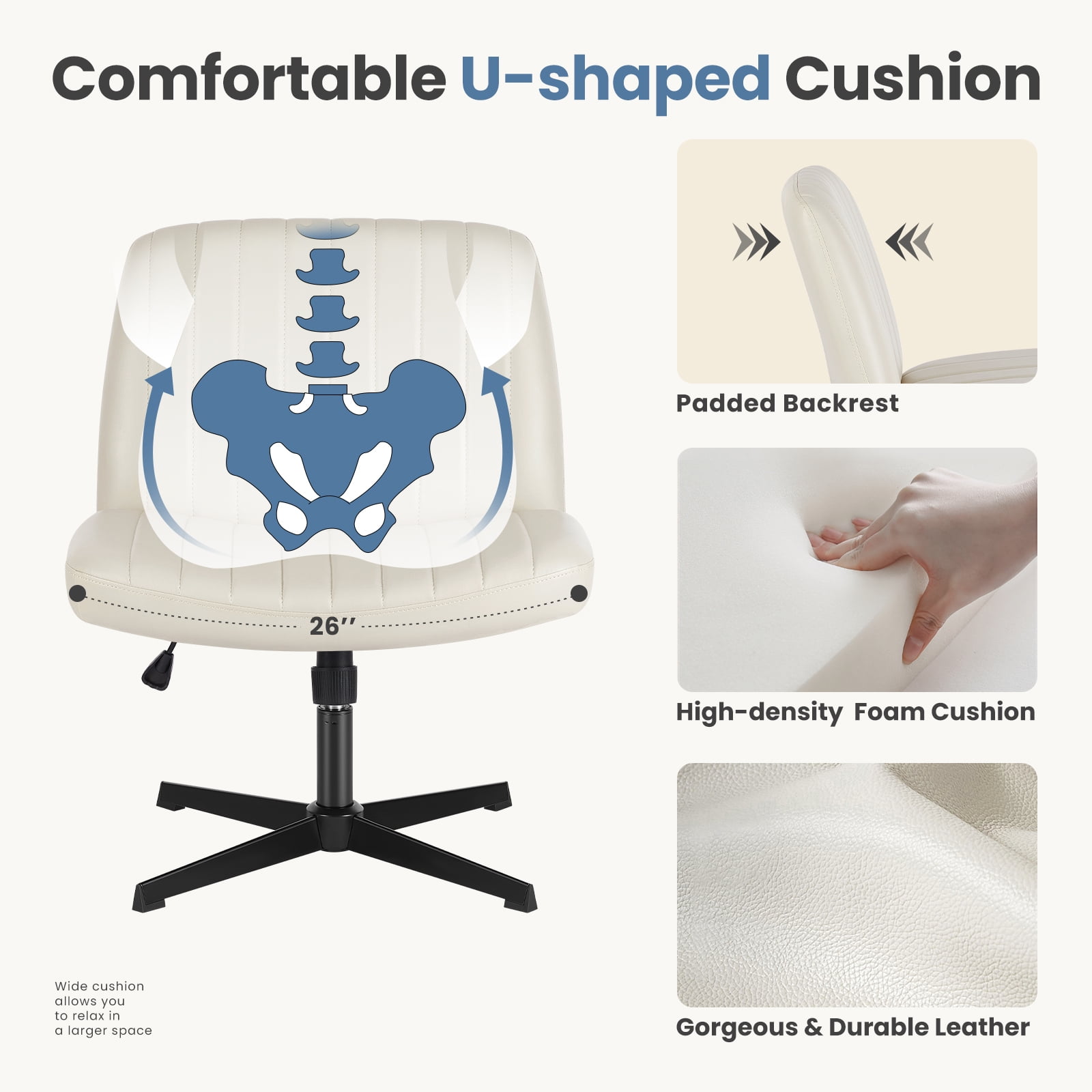 Office Chair Armless Criss Cross Legged Chair No Wheels, Comfy Home Office Desk Chairs, Adjustable Swivel Padded Fabric Vanity Task Computer Chair