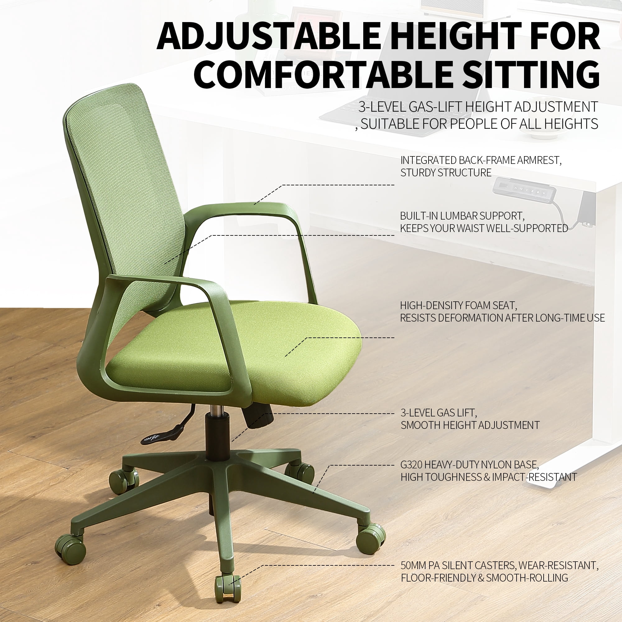 Executive Office Ergonomic Mesh Chair 350LBS, Office Seating, Mesh Fabric, Comfortable Sitting, Integrated Armrest, Lifting, Swivel Net Chair (Green)