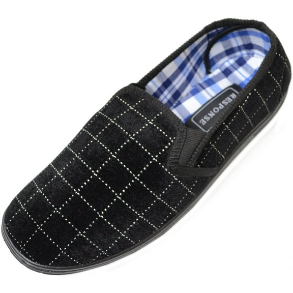 ABSOLUTE FOOTWEAR Mens Soft Velour Slippers/Indoor Shoes with Twin Gusset and Checked Design - Black - US 11