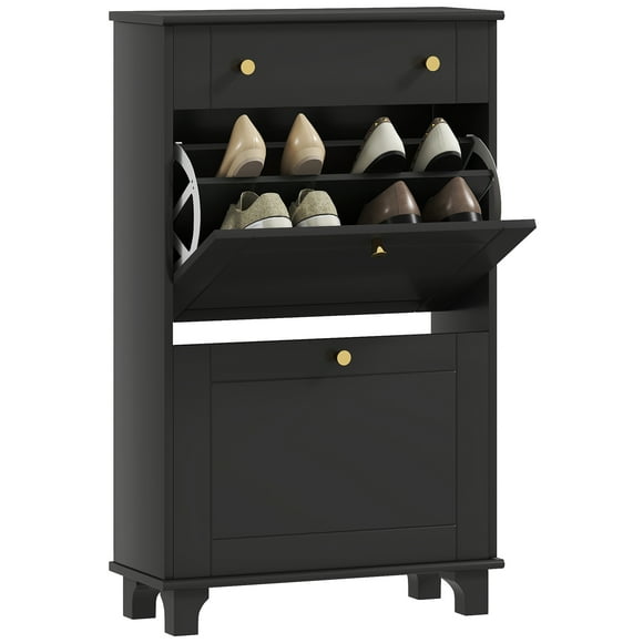 HOMCOM Narrow Shoe Cabinet w/ 2 Flip Drawers, Shoe Storage Cabinet, Black