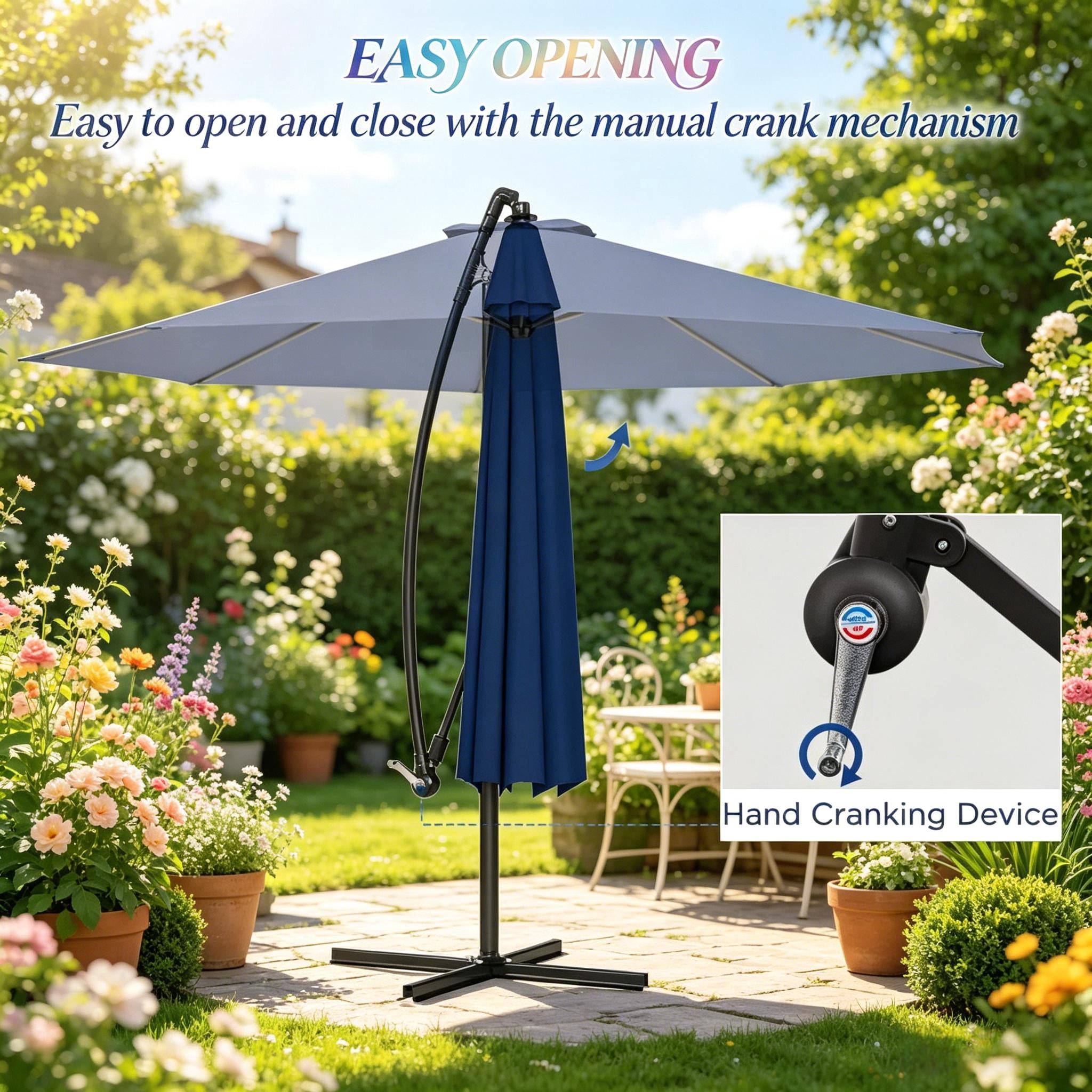 10ft Navy Blue Offset Cantilever Patio Umbrella, Crank Adjustable Tilt Outdoor Sun Shade, UV Waterproof Steel Frame with Stable Cross Base for Garden Backyard