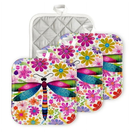 

Bahomeck Pot Holder 4Pcs Colorful Flying Dragonflies With Flowers Square Heat Resistant Hot Pads For Kitchen Cooking Oven With Hanging Loop Potholder Easy To Store