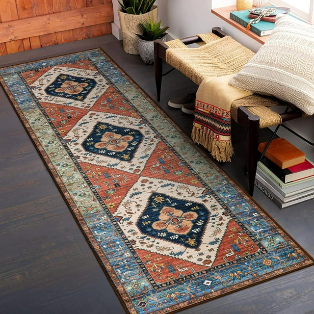 HAHDAXIA Boho Hallway Runner Rug - 2x6 Kitchen Runner Rugs Non Skid Washable Non-Slip Laundry Room Rug Throw Low-Plie Bathroom Runner Oriental Distressed Carpet Runner for Entrance Bedroom Li