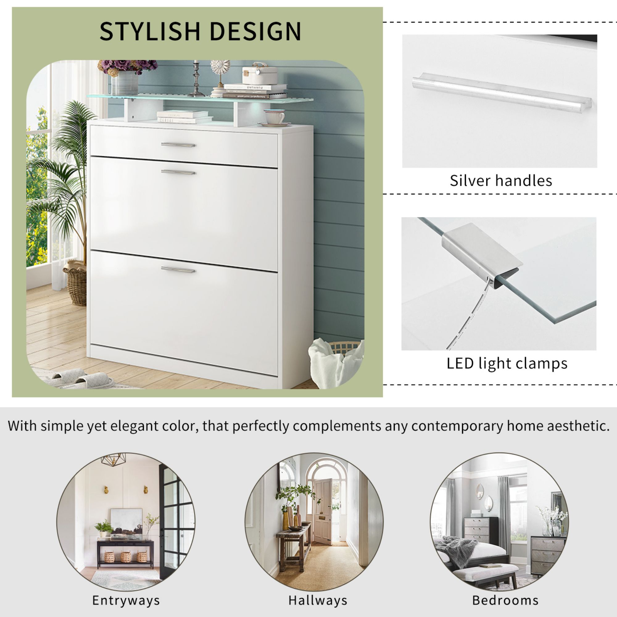 DEALTOPS Modern Freestanding Shoe Cabinet with 2 Flip Drawers and Tempered Glass Top with LED Light, Stylish Shoe Rack with Large Storage Capacity for Entryway - White