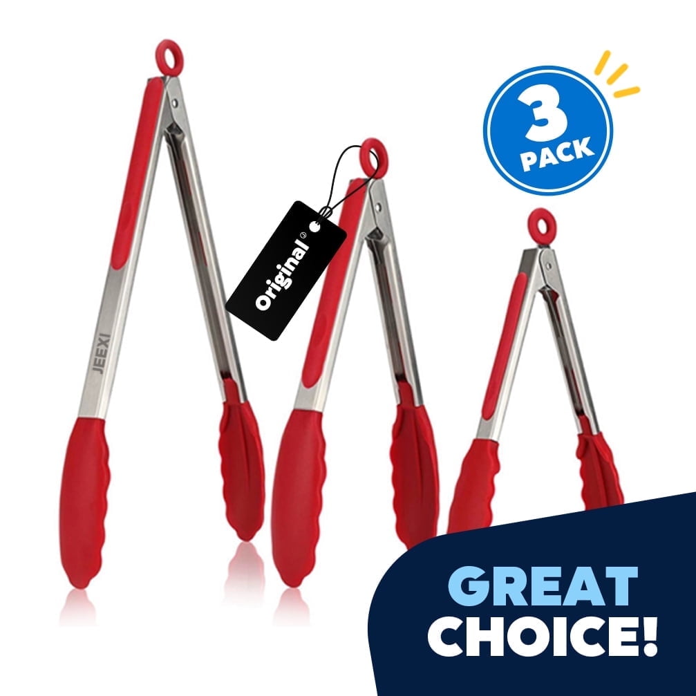 RED Kitchen Tongs for Cooking with Silicone Tips Stainless Steel Tongs 450℉ Locking Set 3, Cooking Serving Grilling Barbecuing Salads Kitchen Clips Easy to use