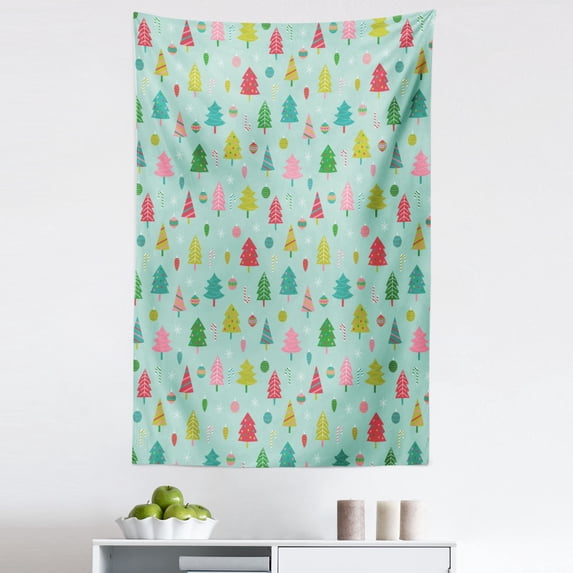 Winter Tapestry, Pine Tree Candy Cane Delicious Holiday Illustration Baubles Continuous Pattern Art, Fabric Wall Hanging Decor for Bedroom Living Room Dorm, 5 Sizes, Multicolor, by Ambesonne