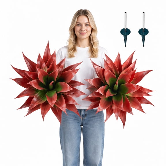 VEVOR Artificial Agave, 28W x 22H 2PCS Fake Agave Plants with Ground Stakes, Sun-Resistant for Home, Garden, Office, Store, Living Room, Indoor & Outdoor Decor, Realistic Texture Faux Plant, Red