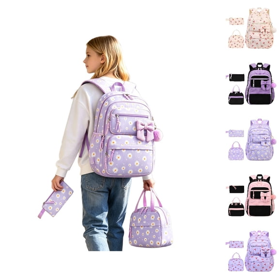 HJYCHN School Backpacks Three Piece School Bundle with Lunch Pencil Bag for Kids Boys and Girls School Backpack Light Purple One Size