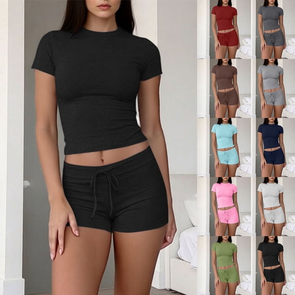 SROBPTY Womens Set Solid Crew Neck Short Sleeve Top Drawstring Shorts Outfits for Casual Wear
