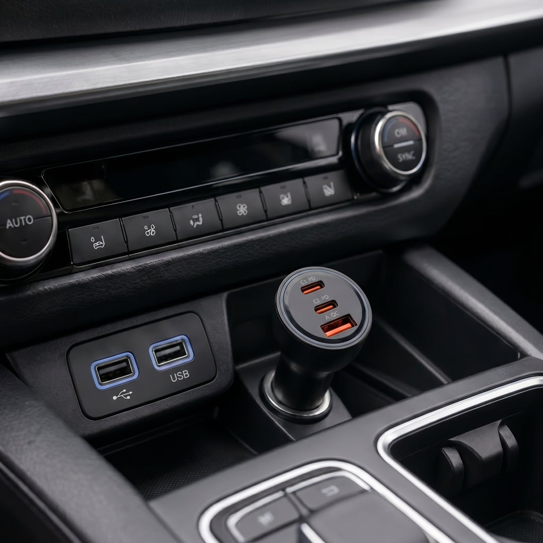 onn 3-Port Fast Charge Dual USB-C and USB Car Charger