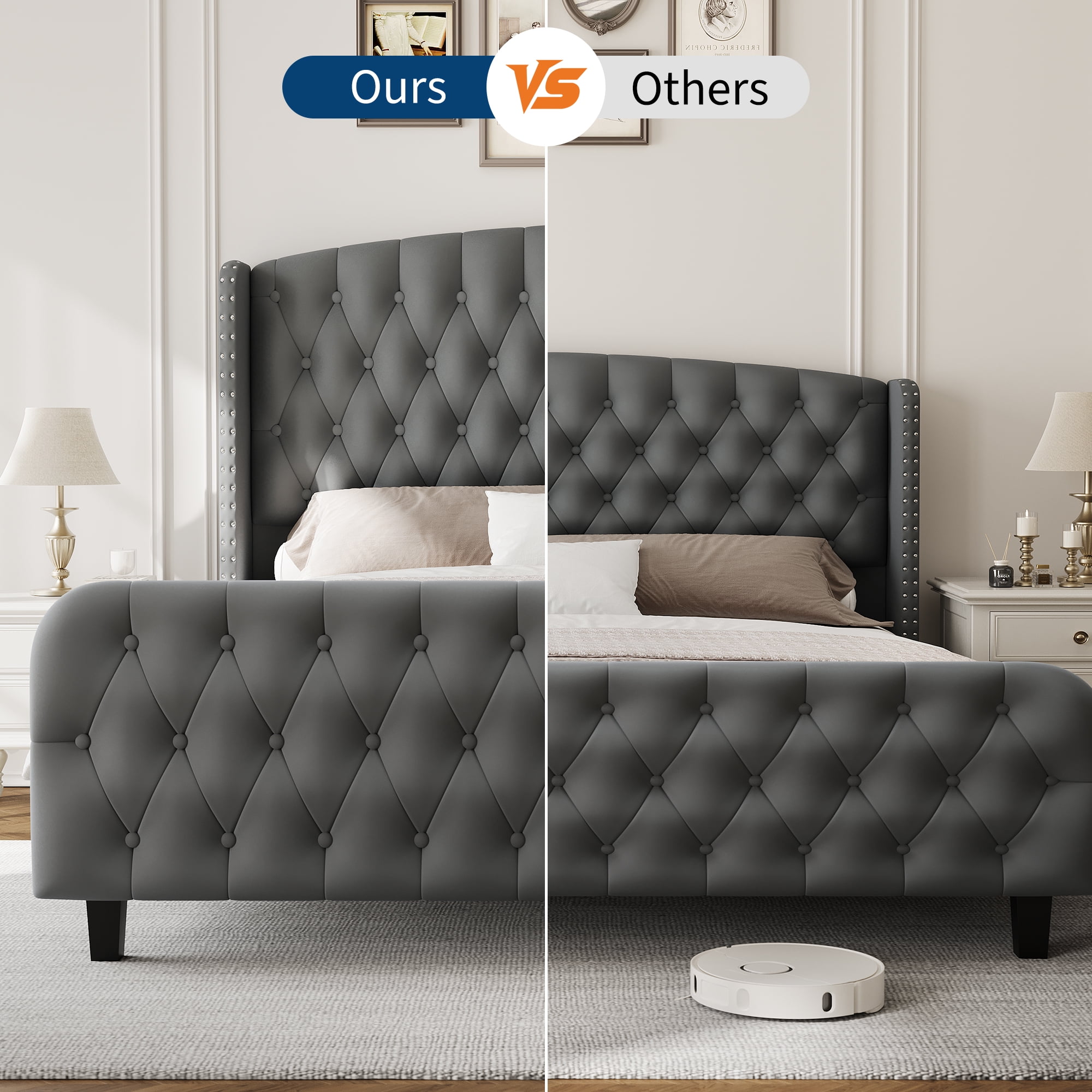 51" Queen Size Bed Frame with Button Tufted Wingback Headboard and Footboard Velvet Upholstered Platform Bed with Wood Supports No Box Spring Needed, Noise Free Easy Assemble