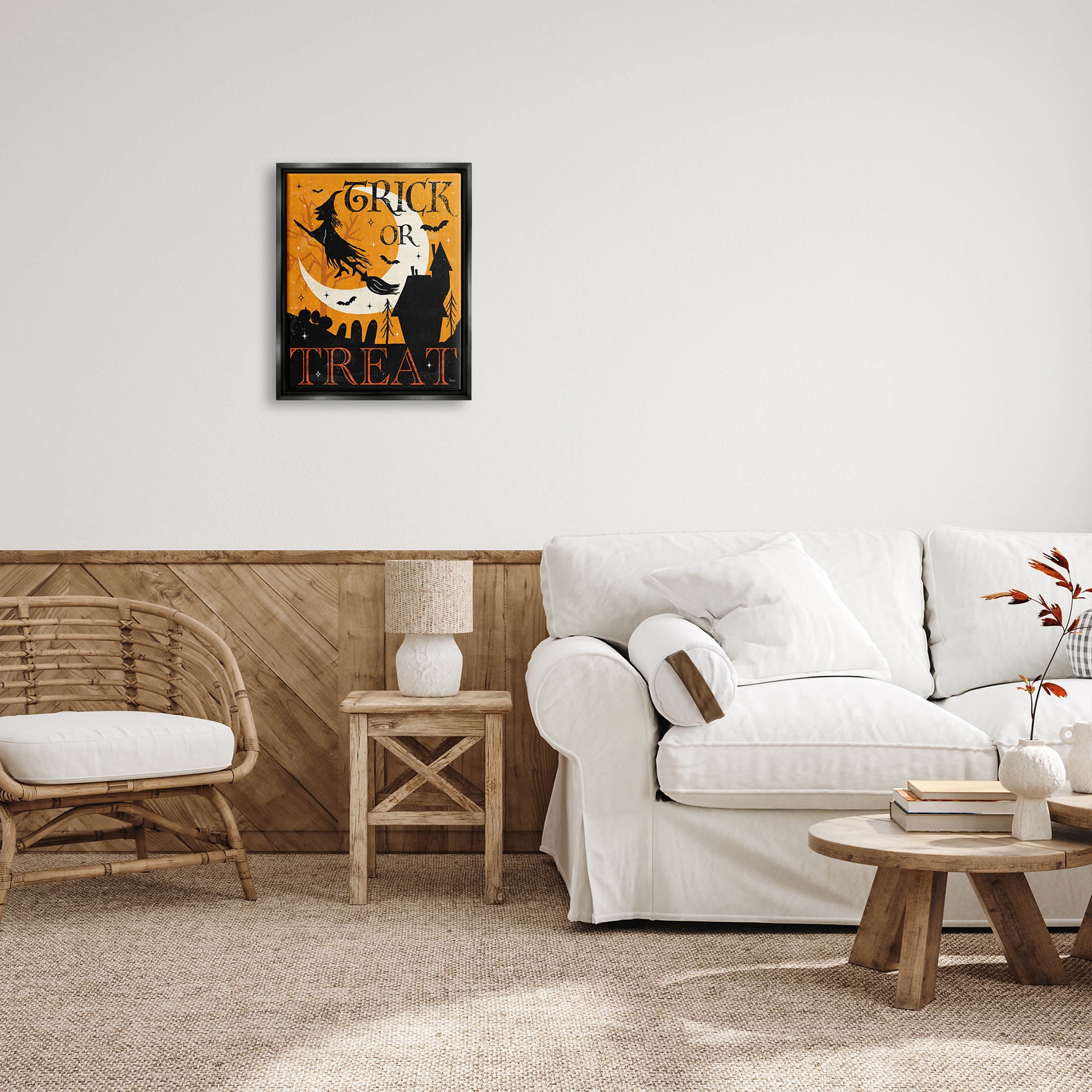 Stupell Industries Trick Or Treat Halloween Witch Graphic Art Jet Black Floating Framed Canvas Print Wall Art, Design by Veronique Charron