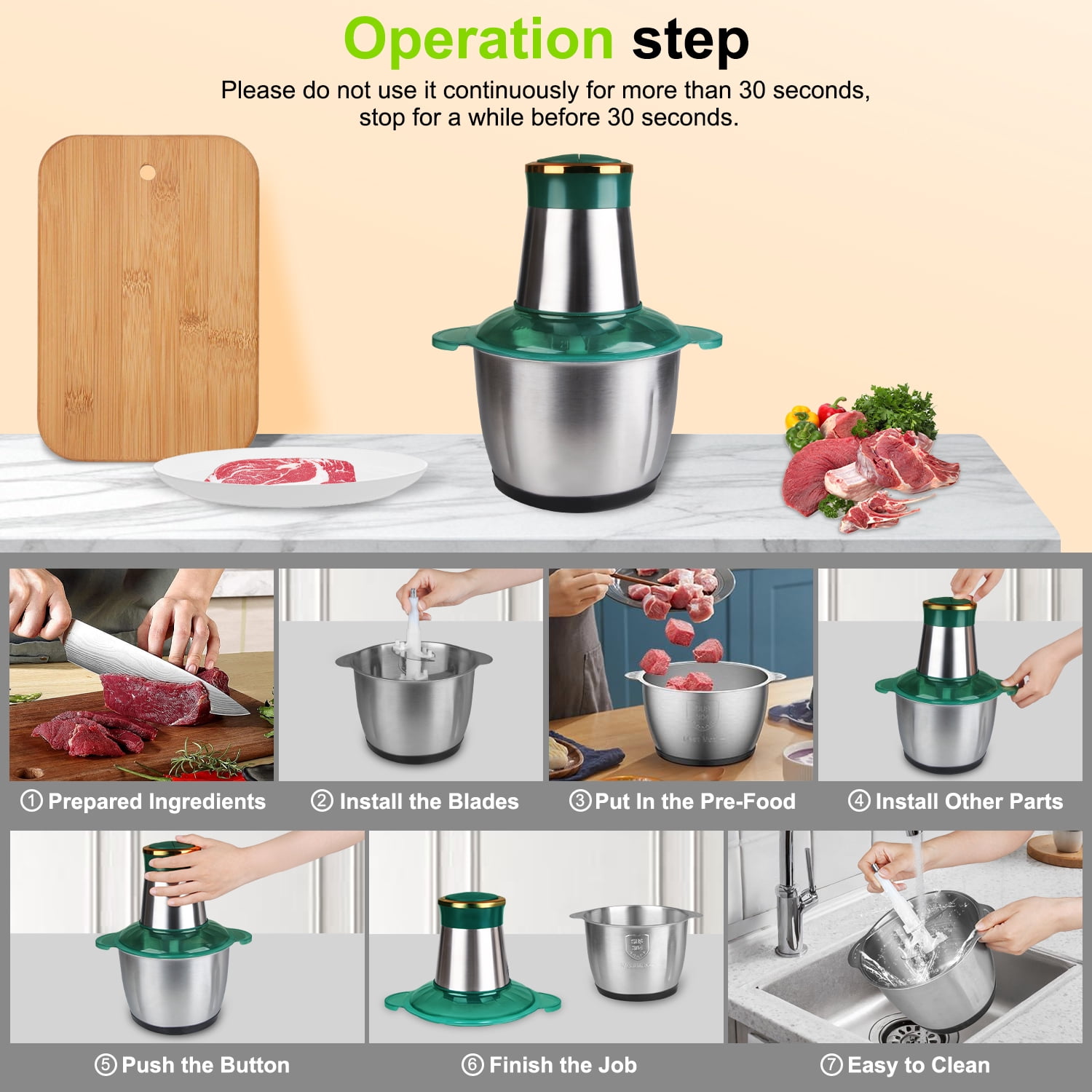 Electric Food Processor, 12 Cup Stainless Steel Bowl, FiveBox 2-Speed Food Chopper Electric Meat Grinder with Bi-Level Blades, Stainless Steel Mincer for Baby Food, Meat, Onion, Vegetables, Salad