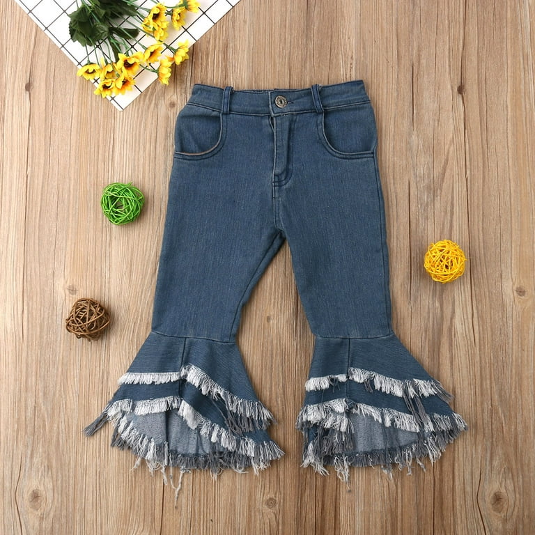 Qtinghua Toddler Baby Girls Flared Pants Ruffle Leggings Bell Bottom  Trousers Denim Jeans Pants Fall Winter Outfits Blue 2-3 Years 