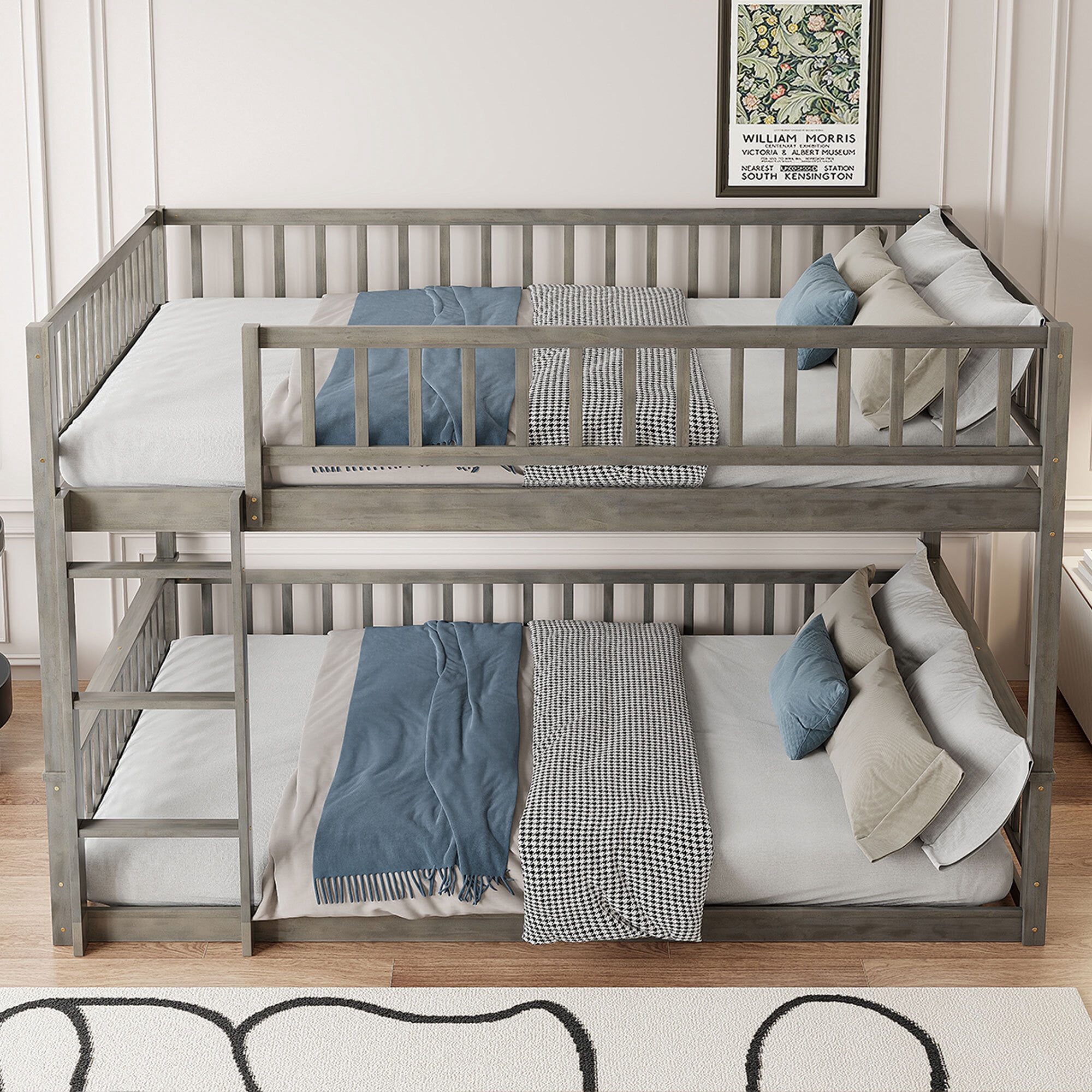 Euroco Wood Queen over Queen Bunk Bed with Ladder and Guardrails, Gray