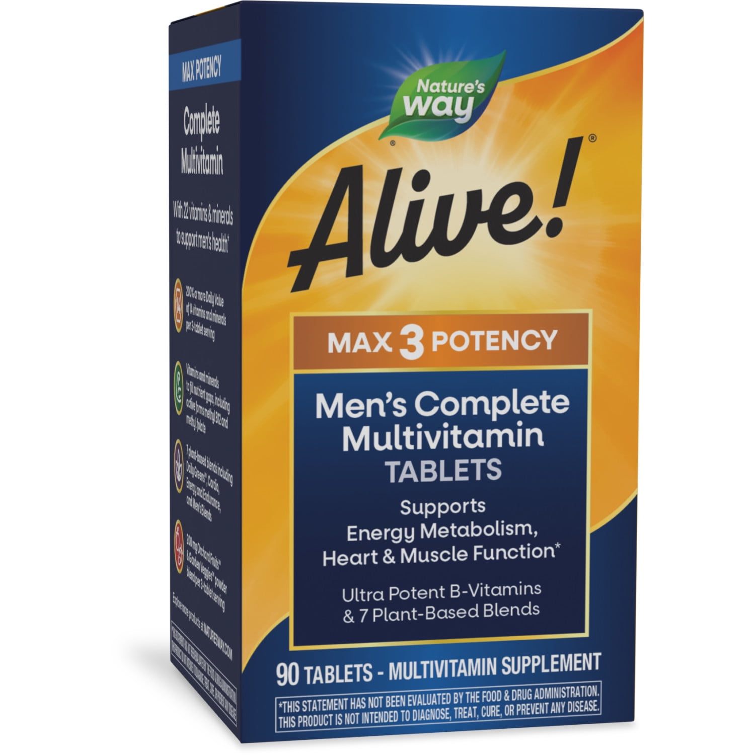 Nature’s Way Alive! Men’s Max3 Potency Multivitamin Tablets, Methylated B12 and Folate, 90 Count