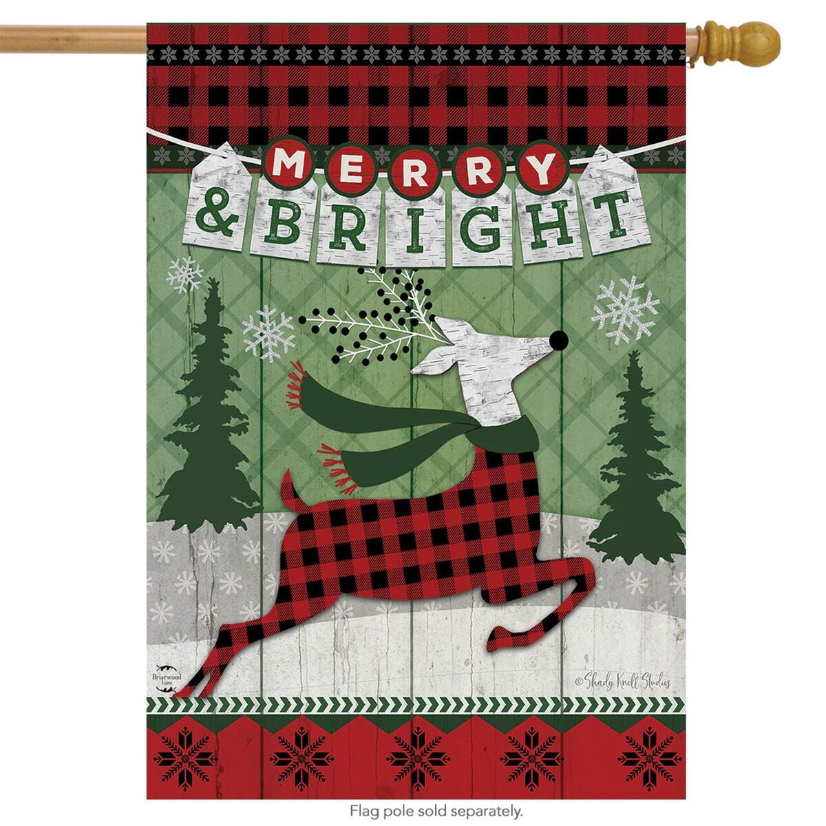 Merry & Bright Reindeer Christmas House Flag Primitive Plaid 28" x 40