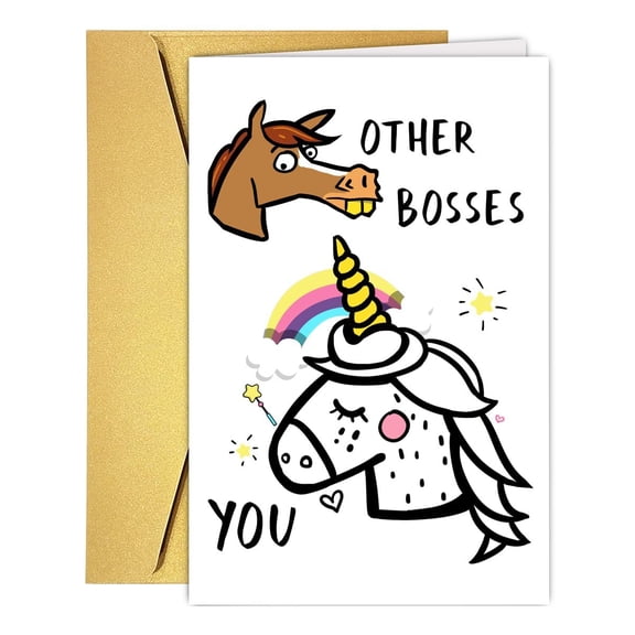 Funny Boss Appreciation Card – “Other Bosses” Horse and Unicorn Design – Envelope Included, Blank Inside – Ideal for Office Gifts and Celebrations