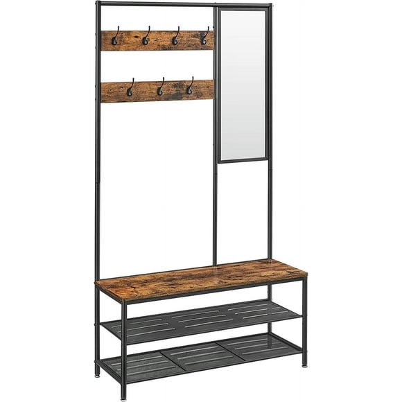 VASAGLE Coat Rack Shoe Bench with Mirror, Hall Tree with Bench and Shoe Storage Shelves, 13.8 x 38.6 x 70.9 in, Bedroom Living Room, Industrial Style, Rustic Brown and Black UHSR415B01