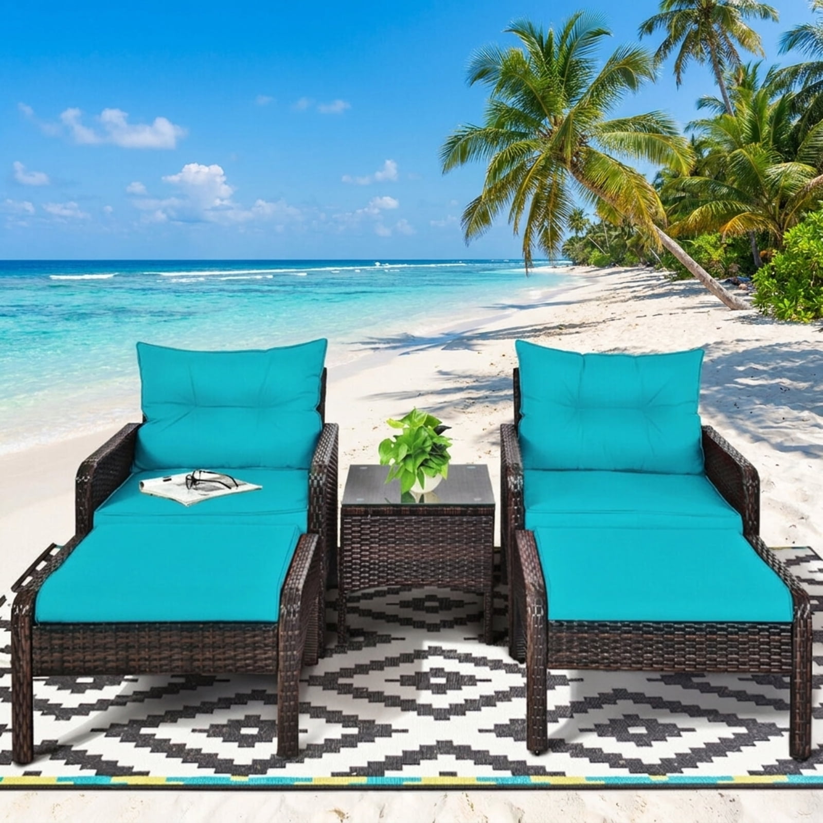 Biotree 5 Pieces Patio Rattan Furniture Set Sofa Outdoor Conversation Set for Garden Backyard Porch, Red/Turquoise/Beige