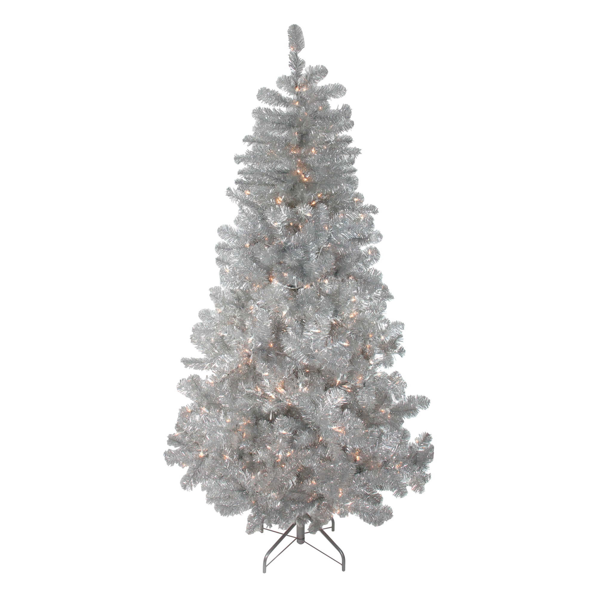 6.5' PreLit Full Silver Metallic Tinsel Artificial Christmas Tree