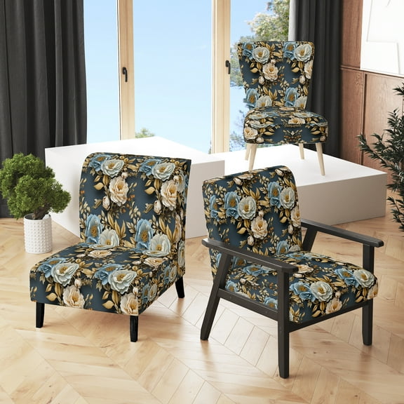 Designart "Wonderland Of Timeless Elegance With Blue Florals" Blue Abstract Upholstered Accent Chair - Modern Arm Chair For Living Room