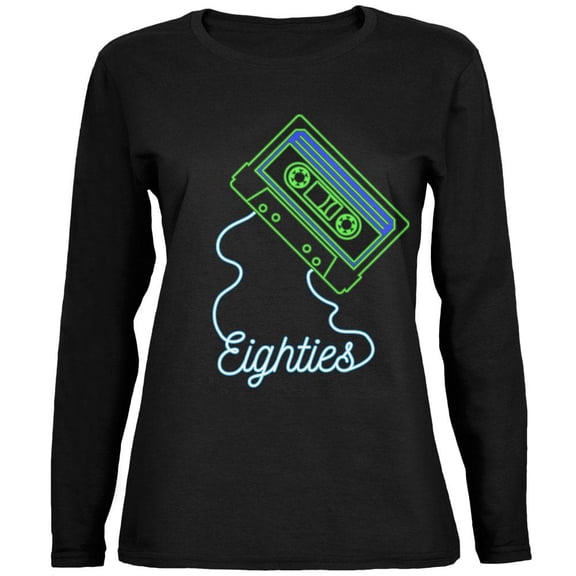 Retro 80s Neon Sign Cassette Tape Eighties Ladies' Relaxed Long-Sleeve Tee Black SM