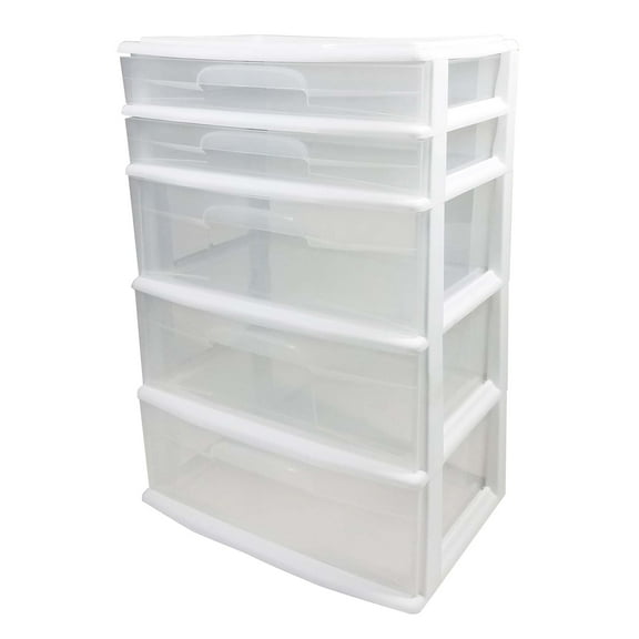 Open Box Homz Plastic 5 Drawer Storage Container Tower with Clear Drawers/White