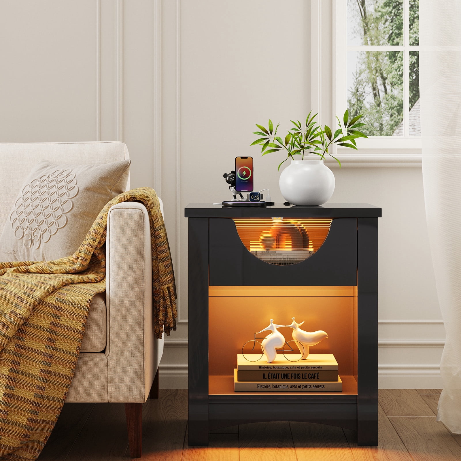 Bestier Black Nightstands Set of 2 with Charging Station, Modern LED End Table Bedside Table with Drawer for Bedroom, Living Room