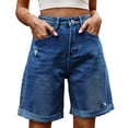 thumbnail image 3 of Womens Jean Shorts Knee Length Trendy Y2k High Waisted Wide Leg Casual Summer Shorts with Pockets Dark Blue L, 3 of 9