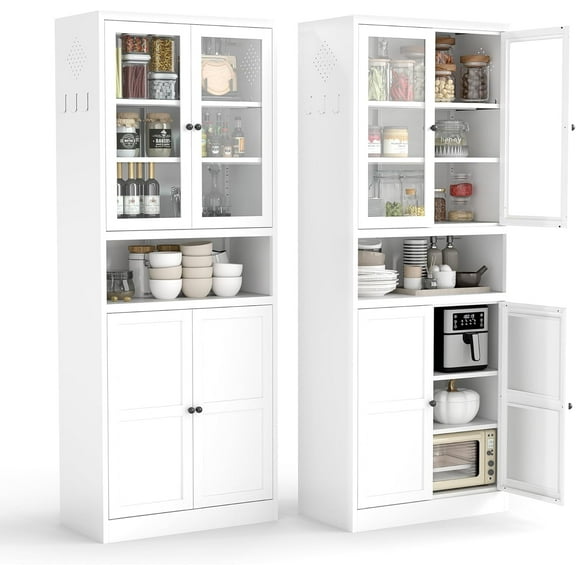 White Steel Kitchen Pantry Cabinet with Glass & Solid Doors, 72" H Storage Cabinet with Adjustable Shelves, Heavy Duty Freestanding Utility Cabinet for Dining/Living Room, Assembly Required