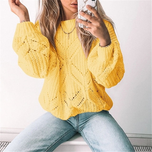 EGNMCR Pull à Col Rond pour Femmes, Pull pour Femmes, Haut à Manches Ajourées en Plumes, Blouse de Mode, Pull Women Sweater