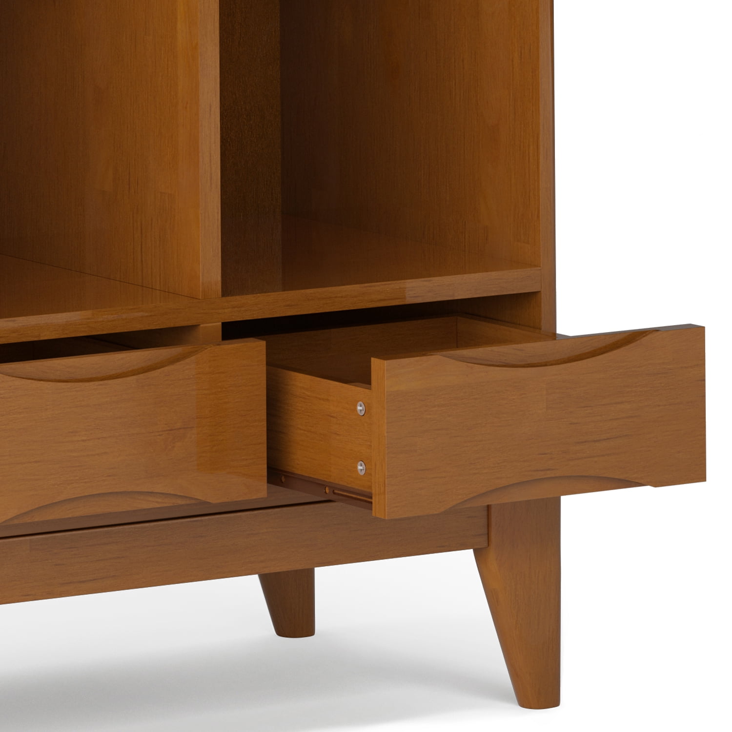 Simpli Home Harper SOLID HARDWOOD 58 inch x 42 inch Mid Century Modern Cube Storage Bookcase with Drawers in Teak Brown