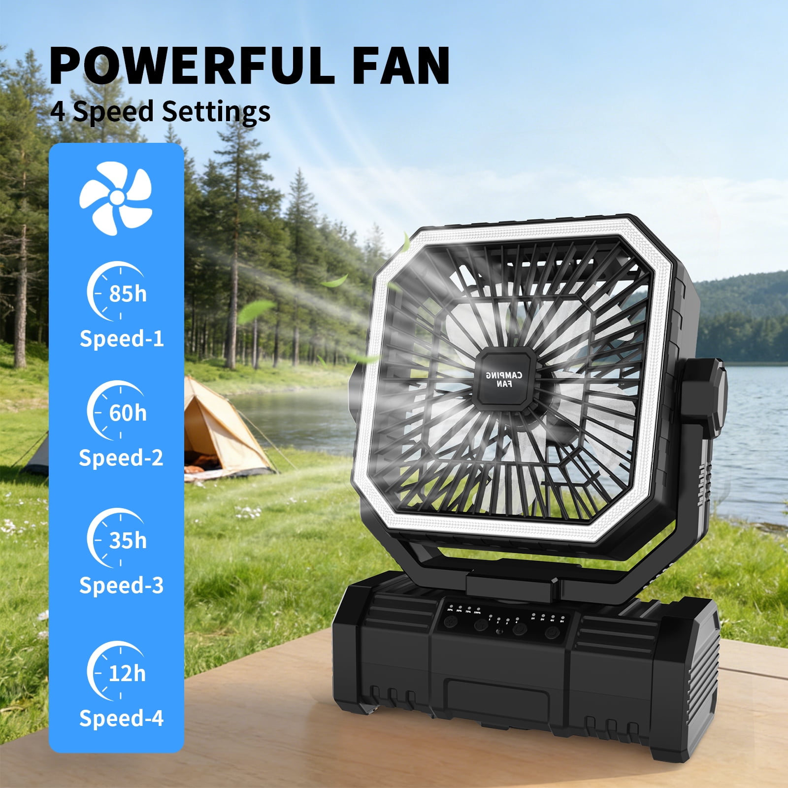 SuperRGB Portable Camping Fan, 20000mAh Rechargeable Battery Operated Fan with LED Light & Remote, 4 Speeds, Timer & Hanging Hook for Tent, Outdoor, Travel, Emergency, Black