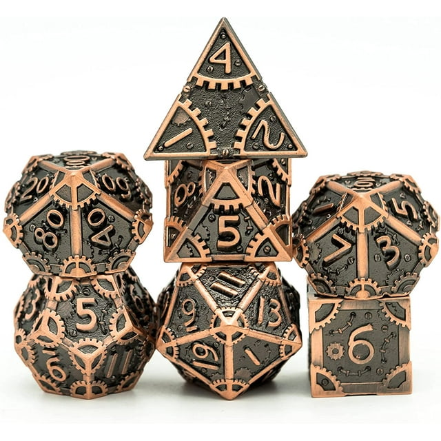 GFDYREE Steampunk Style Metal Dice Set 7 Die Polyhedral DND Dice Set D&D Dice for Dungeons and Dragons Role Playing Game and Math Teaching (Ancient Copper)