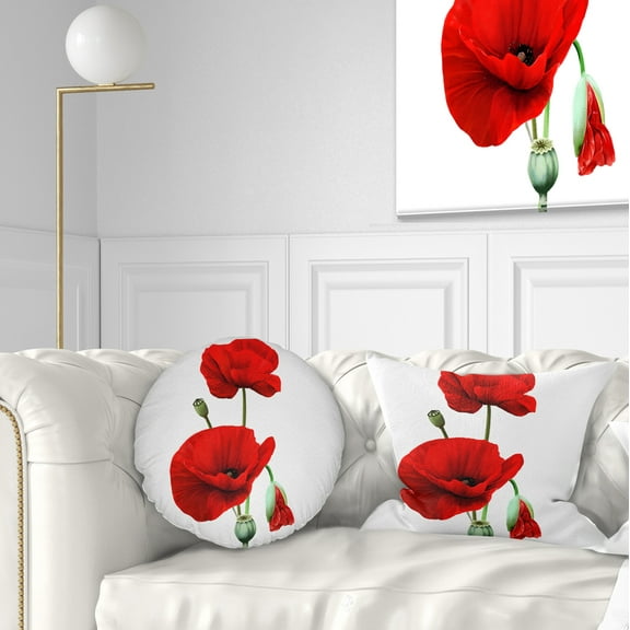 Designart Red Poppies on White Background - Floral Throw Pillow - 12x20