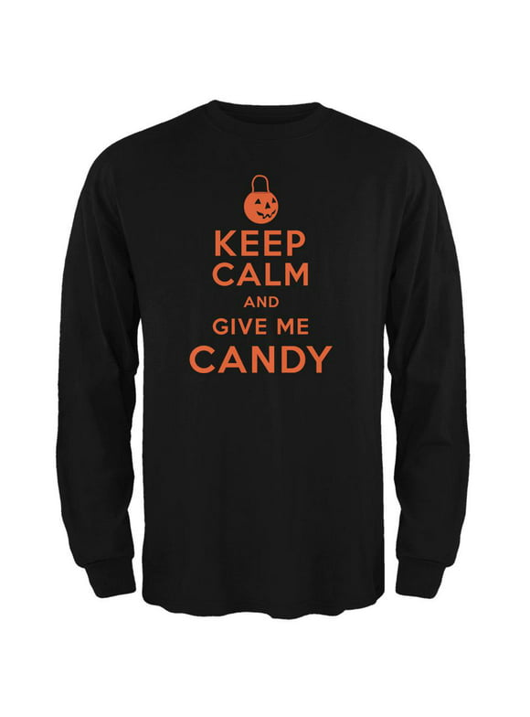 Halloween Keep Calm Give Me Candy Black Adult Long Sleeve T-Shirt - Small
