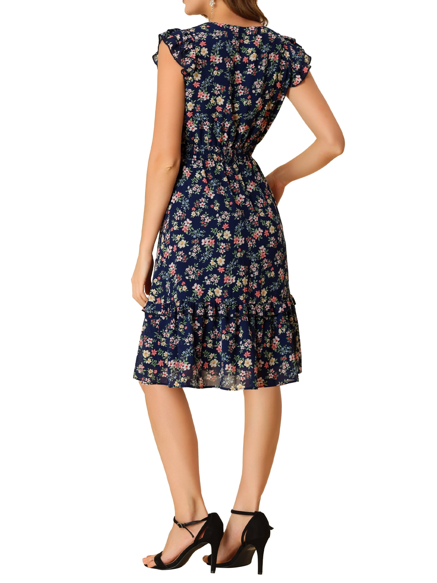 DARING DIVA Floral Flutter Sleeves V Neck Smocked Ruffle Dress M Navy