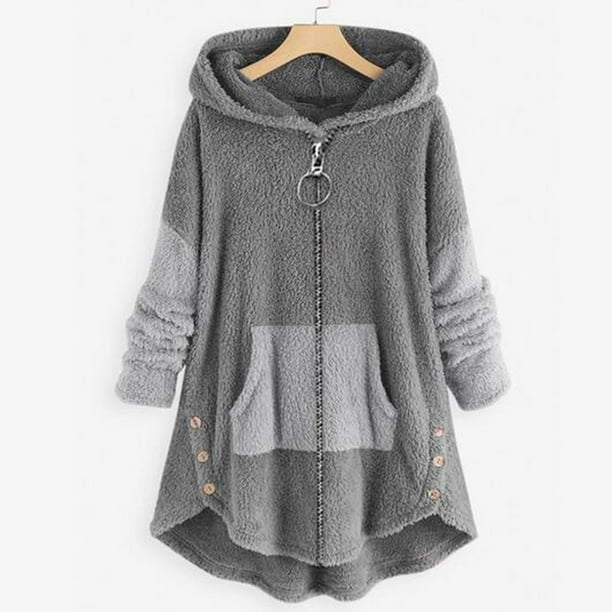 Puntoco Abrigo acogedor de manga larga con bloques de color y forro polar con capucha y dobladillo asimétrico con cremallera y bolsillos con osito de peluche para mujer Puntoco Puntoco-1