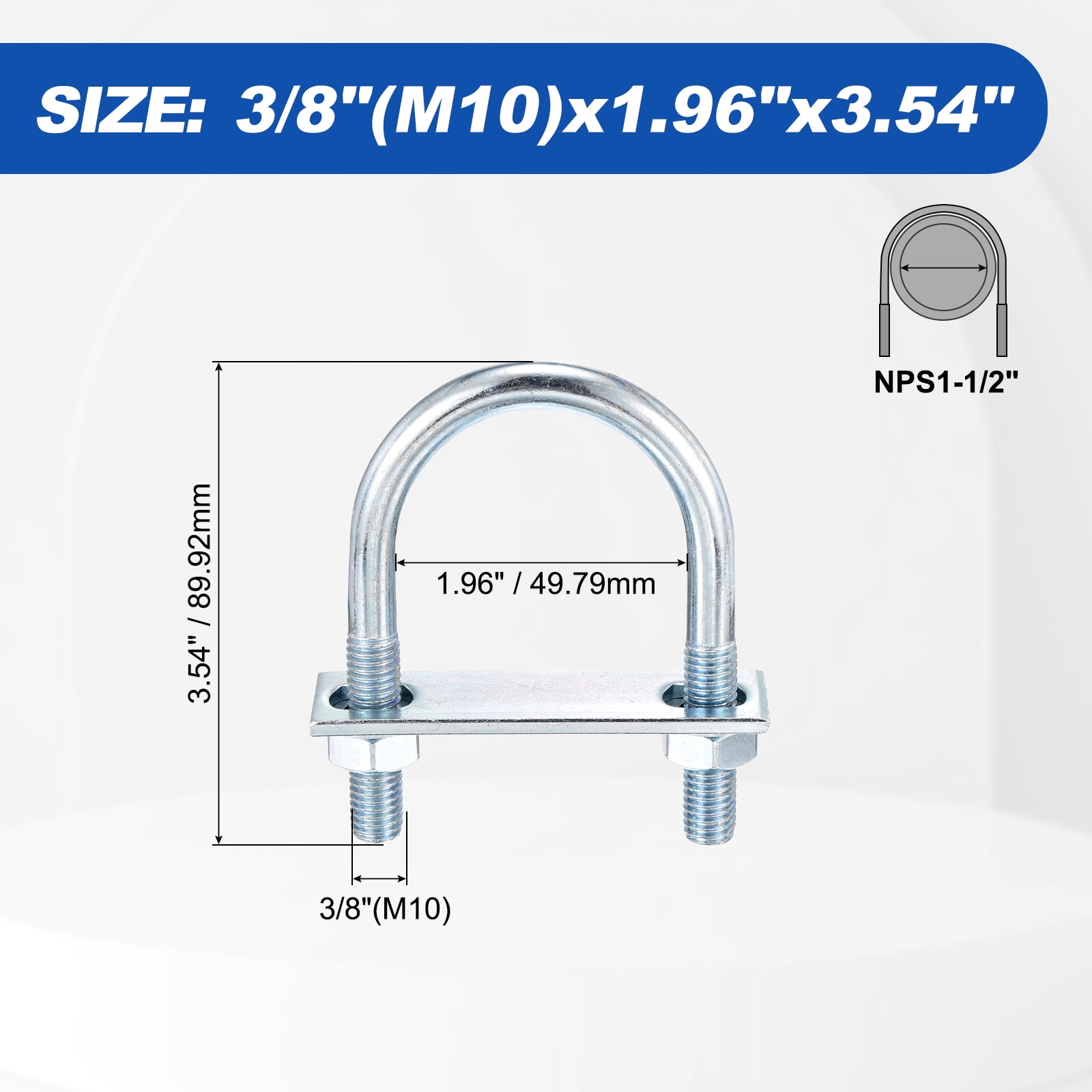 U Bolts 4 Sets (3/8"(M10)x1.96"x3.54"), Round U Bolt Kits Carbon Steel with Accessories - for Construction, Pipe, Trailer, Automotive, Leaf Spring Fastener