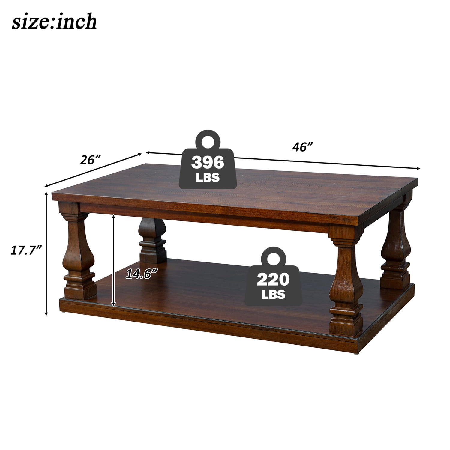 Hommoo Farmhouse Wood Coffee Table 46 Inch Rectangular with Open Shelf Storage, Rustic Living Room Center Table, Walnut