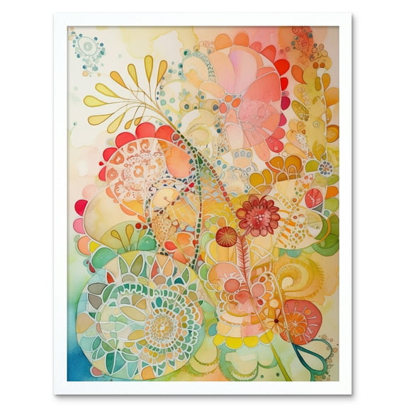 Lace Pattern Flower Blooms Folk Art Watercolour Painting Art Print Framed Poster Wall Decor 12x16 inch