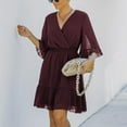 thumbnail image 4 of Women Mini Dress, Swiss Dot Flowy Chiffon Dress V Neck Elastic Waist See Through Flare Sleeve Ruffle Hem Short Dresses, 4 of 8