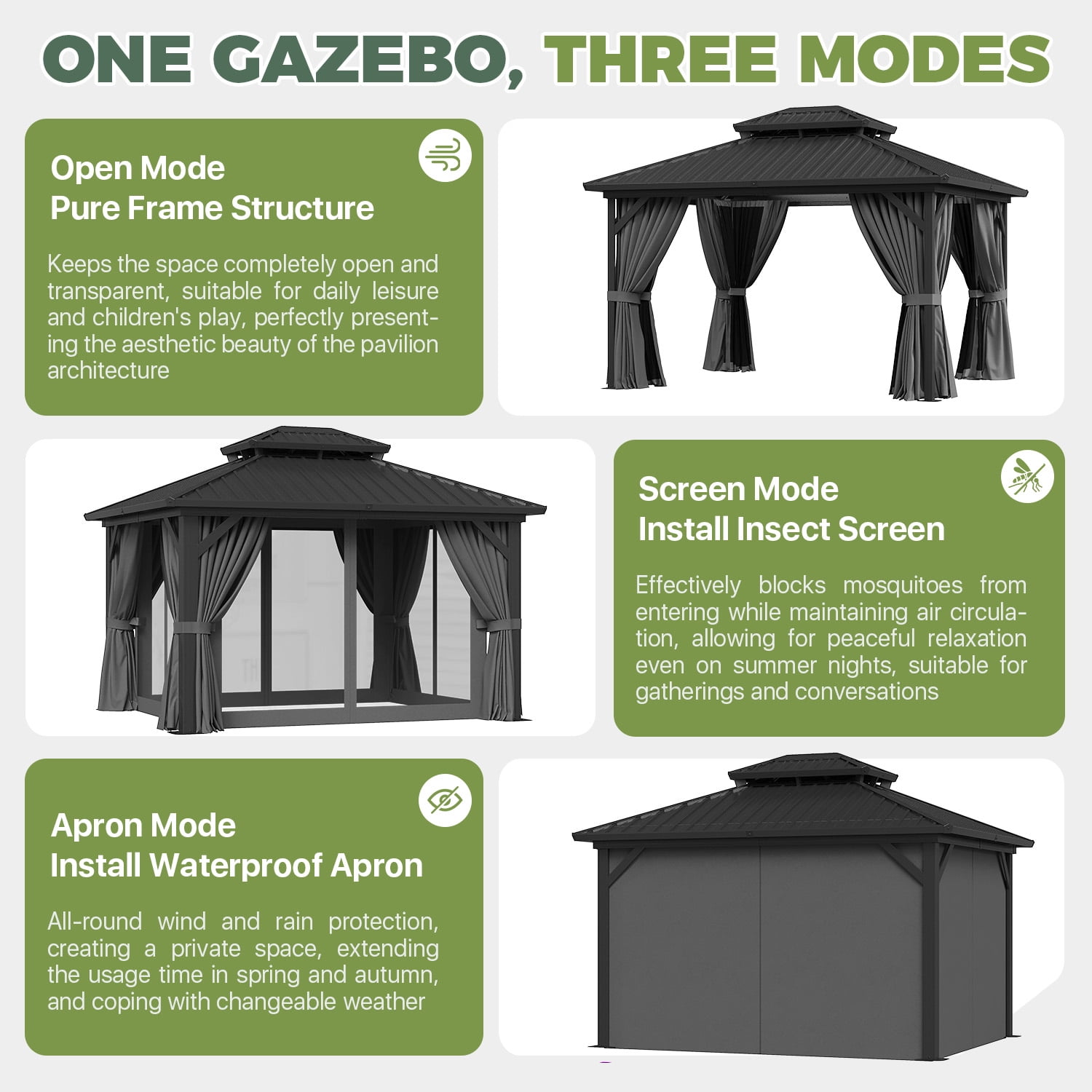 BaPiPro 10'x12' Hardtop Gazebo, Outdoor Steel Double Roof Metal Gazebo with Curtains and Nettings, Aluminum Frame Permanent Pavilion for Patio Garden Backyard, Gray
